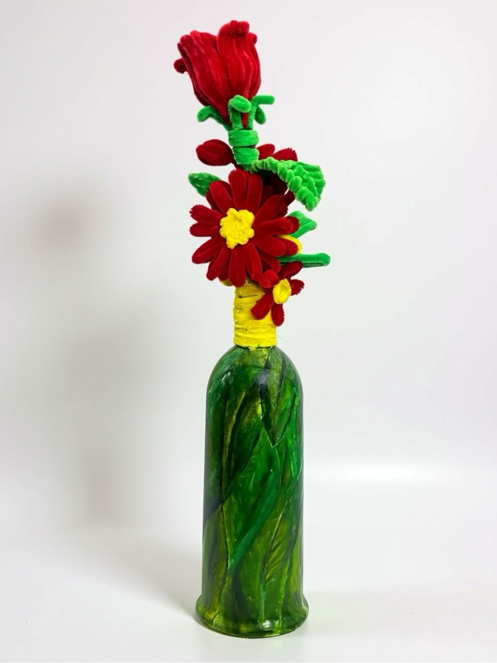 Handcrafted Red Velvet Flower Bottle Vase - Green Base